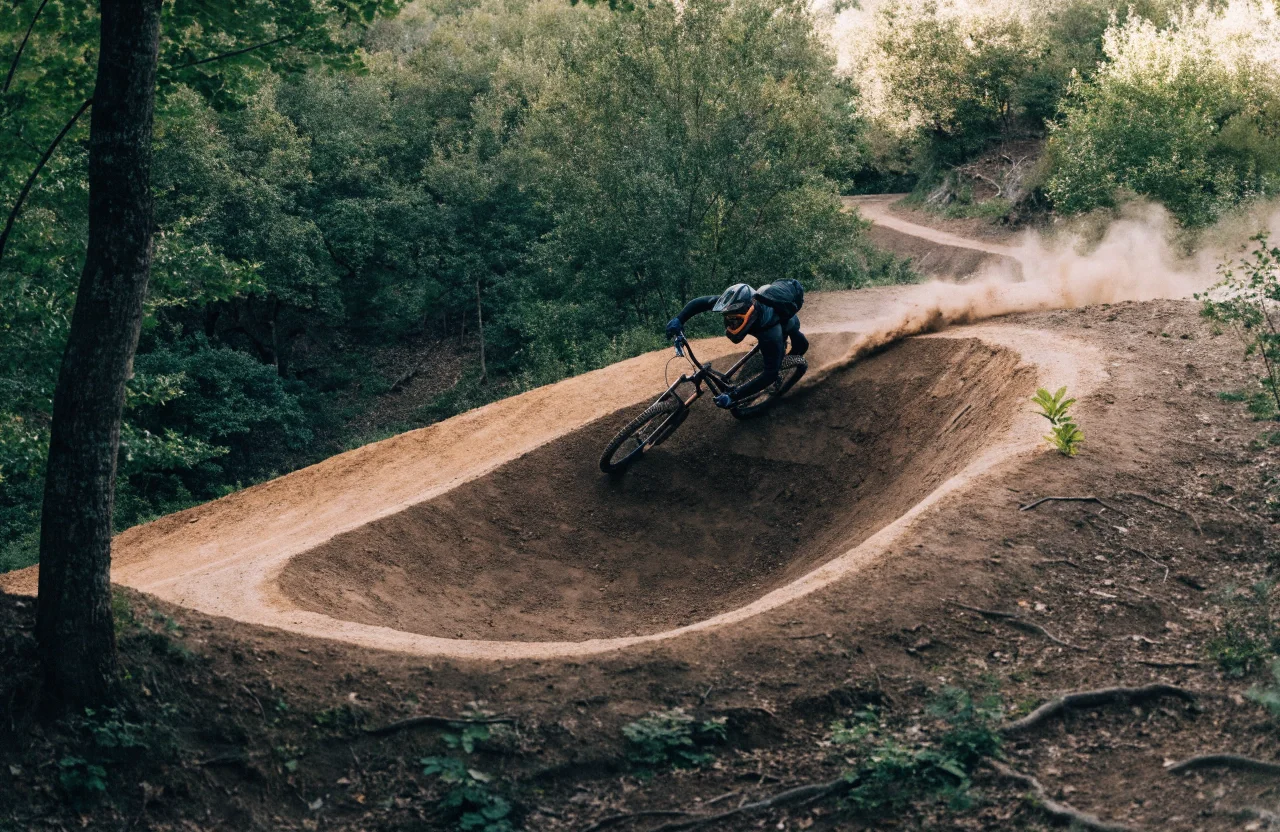 Ciclista trazando una curva peraltada en un bike park