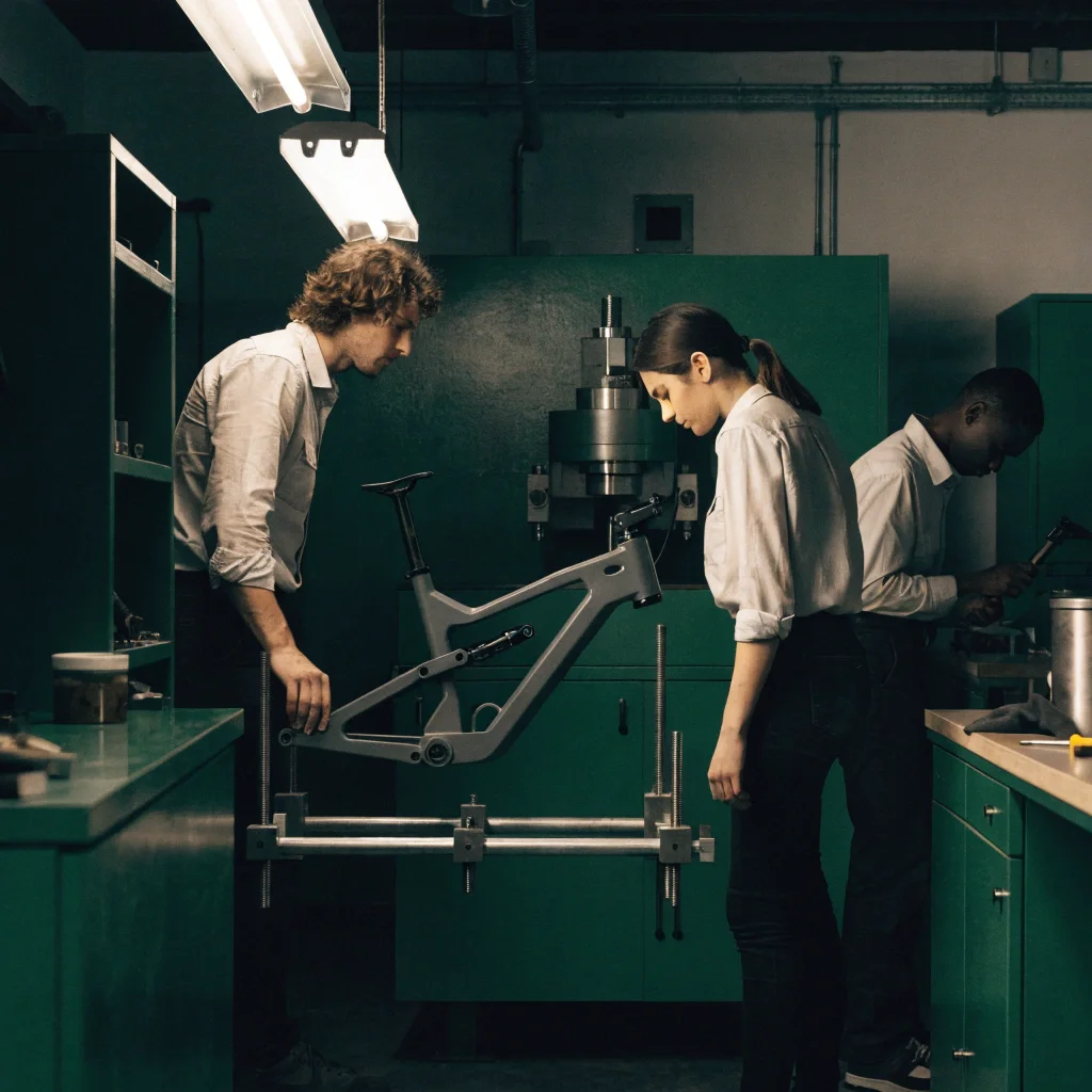 Profesionales revisando un nuevo cuadro de bicicleta de montaña