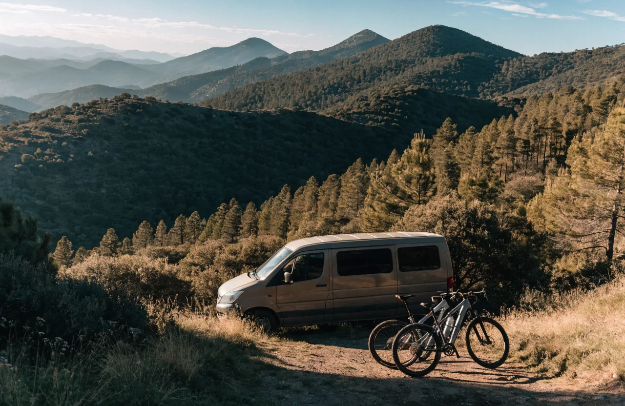 Furgoneta y bicicletas preparadas para una ruta de montaña en España