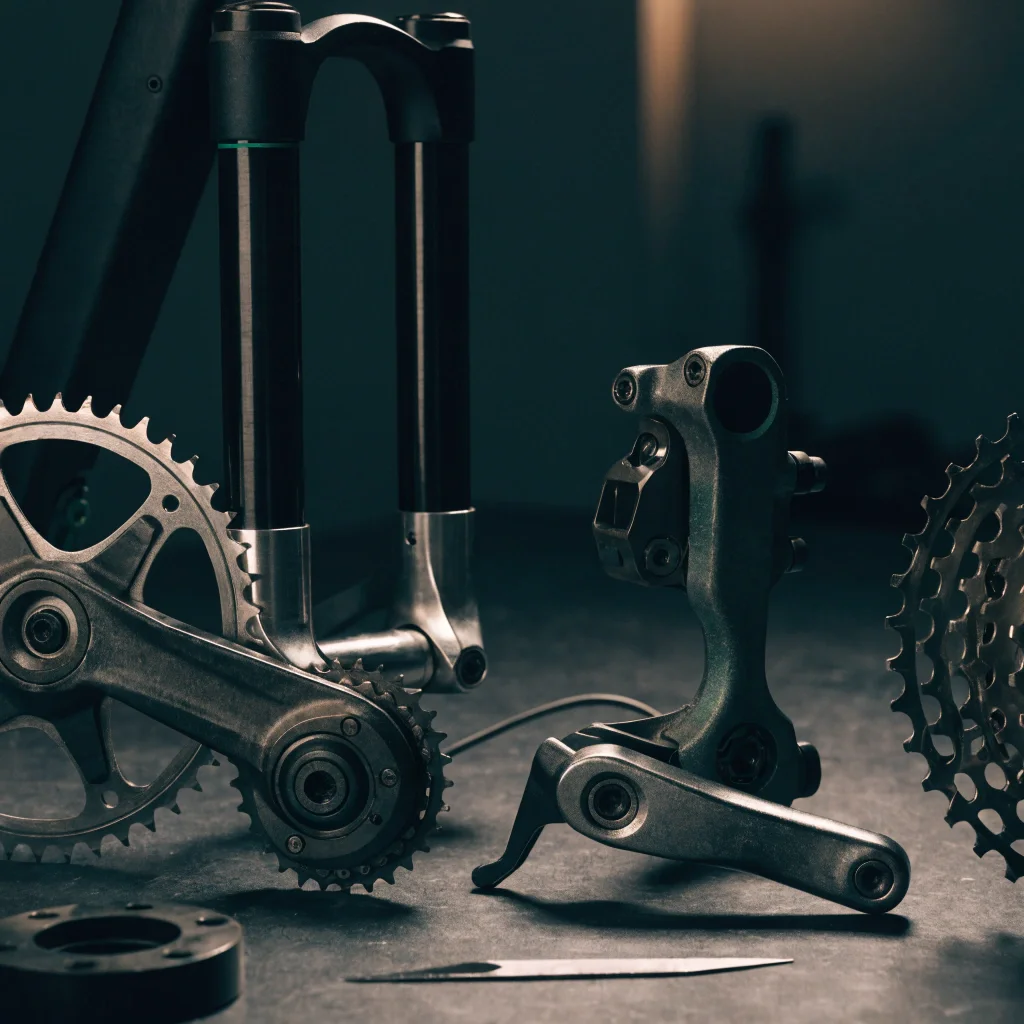 Componentes de bicicleta de montaña sobre un banco de taller